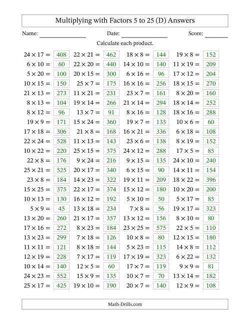 The Horizontally Arranged Multiplying with Factors 5 to 25 (100 Questions) (D) Math Worksheet Page 2