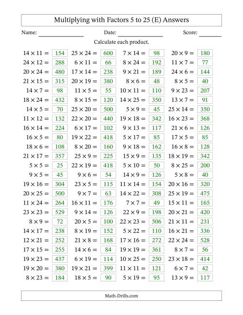The Horizontally Arranged Multiplying with Factors 5 to 25 (100 Questions) (E) Math Worksheet Page 2