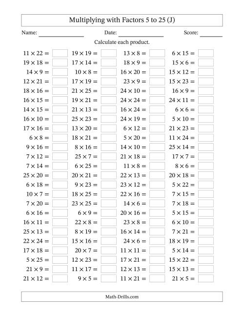 The Horizontally Arranged Multiplying with Factors 5 to 25 (100 Questions) (J) Math Worksheet