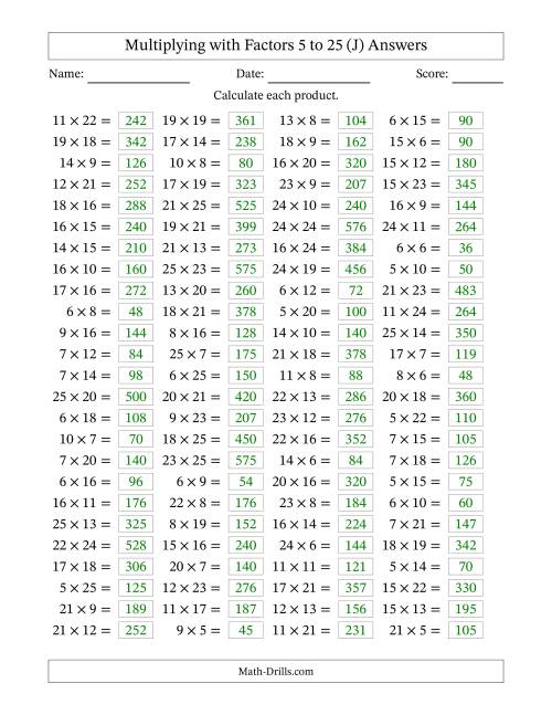 The Horizontally Arranged Multiplying with Factors 5 to 25 (100 Questions) (J) Math Worksheet Page 2
