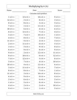 Horizontally Arranged Multiplying (0 to 12) by 6 (100 Questions)