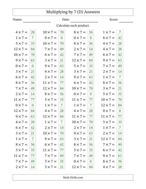 The Horizontally Arranged Multiplying (0 to 12) by 7 (100 Questions) (D) Math Worksheet Page 2