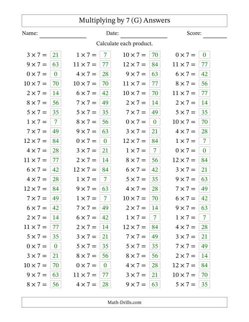 The Horizontally Arranged Multiplying (0 to 12) by 7 (100 Questions) (G) Math Worksheet Page 2