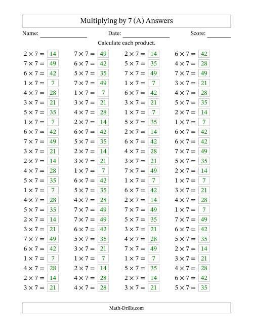 The Horizontally Arranged Multiplying (1 to 7) by 7 (100 Questions) (A) Math Worksheet Page 2