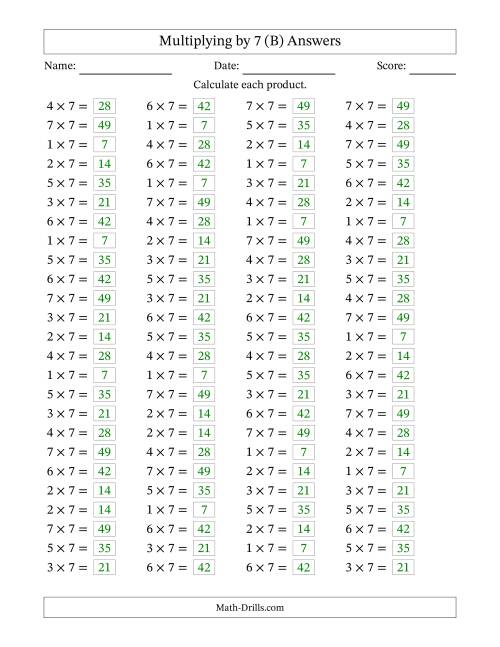 The Horizontally Arranged Multiplying (1 to 7) by 7 (100 Questions) (B) Math Worksheet Page 2