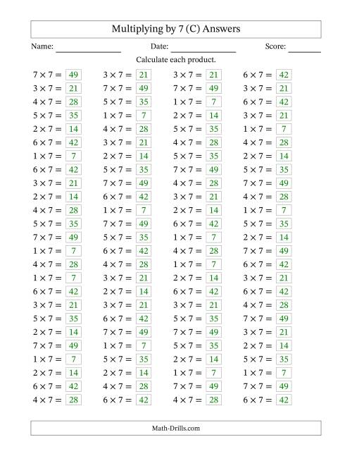 The Horizontally Arranged Multiplying (1 to 7) by 7 (100 Questions) (C) Math Worksheet Page 2