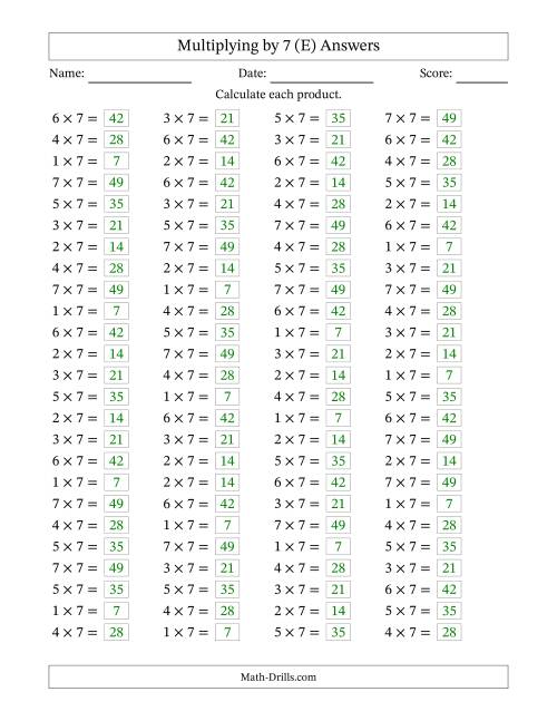 The Horizontally Arranged Multiplying (1 to 7) by 7 (100 Questions) (E) Math Worksheet Page 2