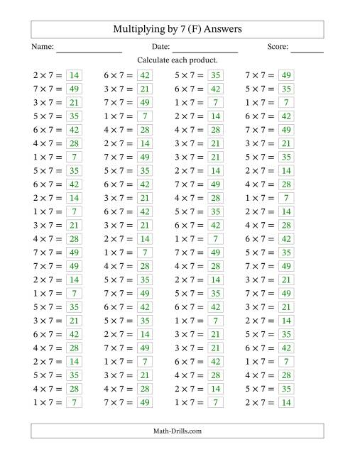 The Horizontally Arranged Multiplying (1 to 7) by 7 (100 Questions) (F) Math Worksheet Page 2