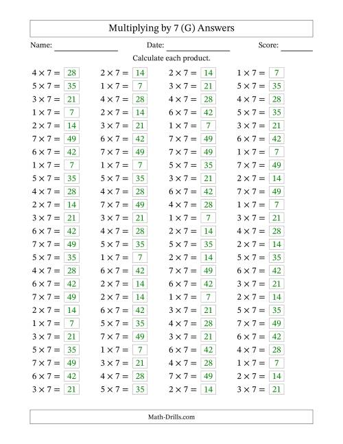 The Horizontally Arranged Multiplying (1 to 7) by 7 (100 Questions) (G) Math Worksheet Page 2