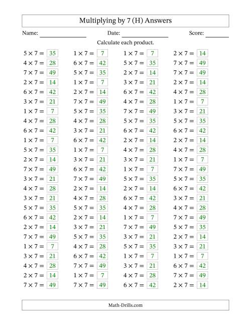 The Horizontally Arranged Multiplying (1 to 7) by 7 (100 Questions) (H) Math Worksheet Page 2