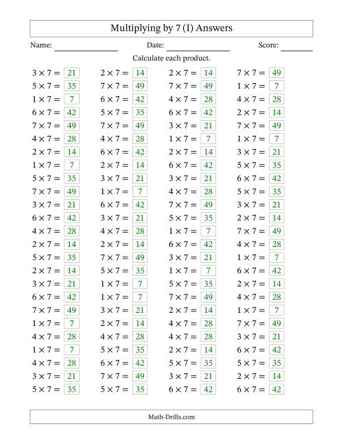 The Horizontally Arranged Multiplying (1 to 7) by 7 (100 Questions) (I) Math Worksheet Page 2