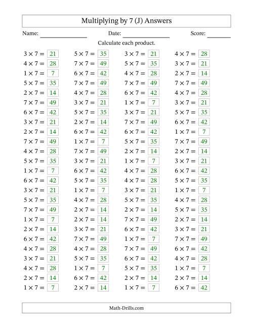 The Horizontally Arranged Multiplying (1 to 7) by 7 (100 Questions) (J) Math Worksheet Page 2