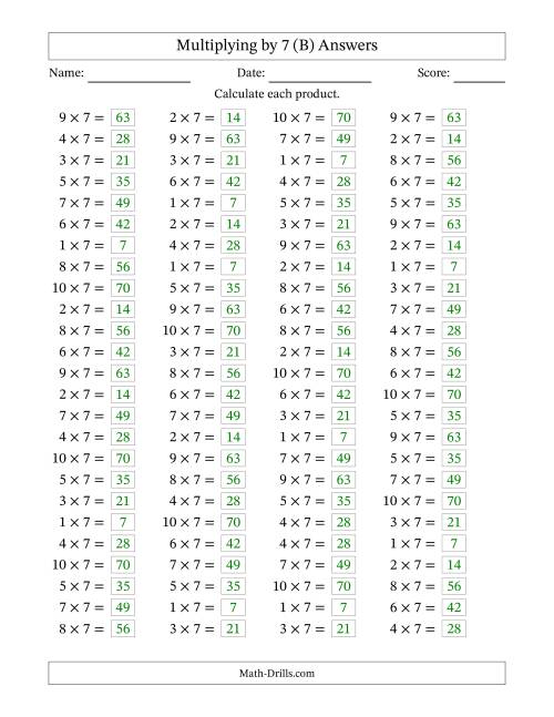 The Horizontally Arranged Multiplying (1 to 10) by 7 (100 Questions) (B) Math Worksheet Page 2