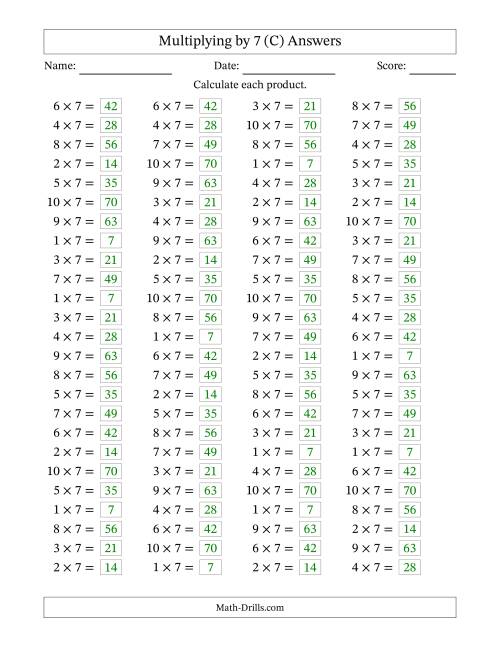 The Horizontally Arranged Multiplying (1 to 10) by 7 (100 Questions) (C) Math Worksheet Page 2
