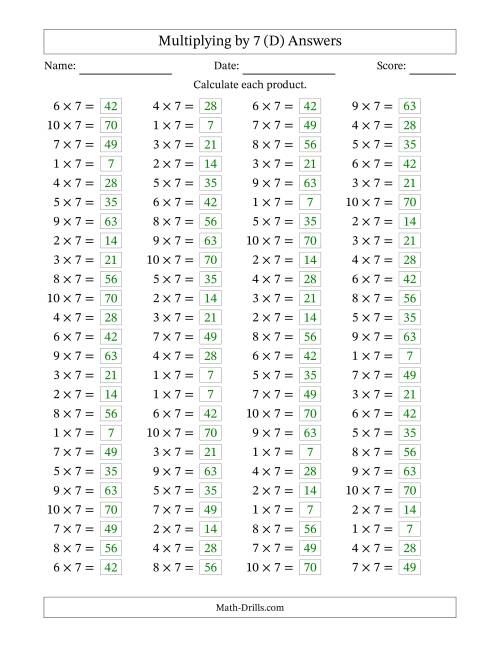 The Horizontally Arranged Multiplying (1 to 10) by 7 (100 Questions) (D) Math Worksheet Page 2