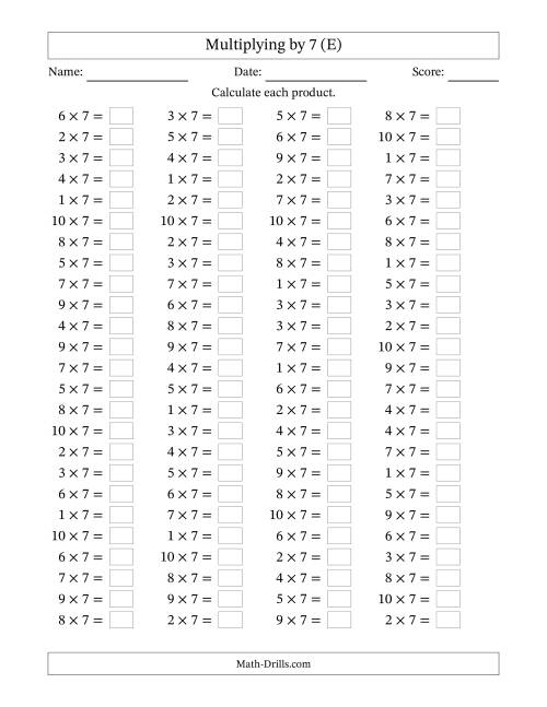 The Horizontally Arranged Multiplying (1 to 10) by 7 (100 Questions) (E) Math Worksheet