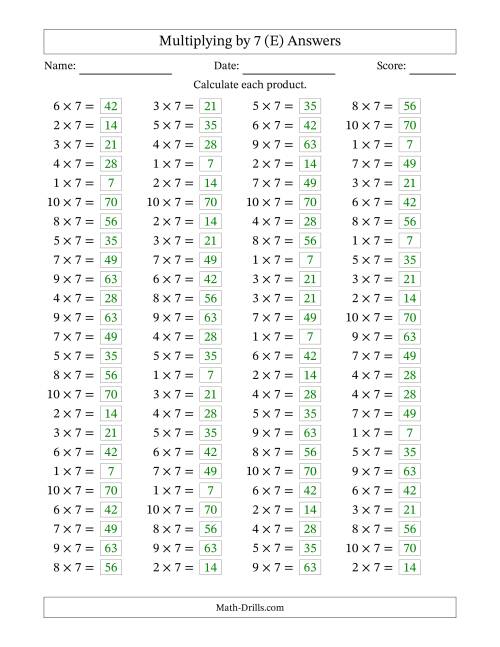The Horizontally Arranged Multiplying (1 to 10) by 7 (100 Questions) (E) Math Worksheet Page 2