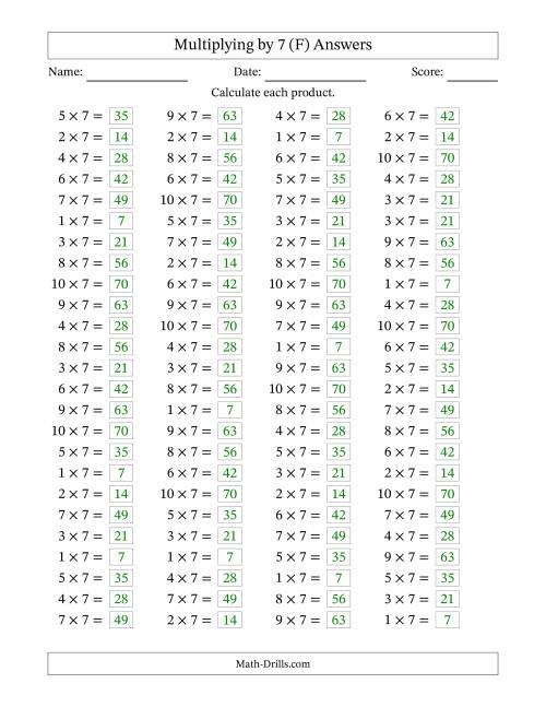 The Horizontally Arranged Multiplying (1 to 10) by 7 (100 Questions) (F) Math Worksheet Page 2