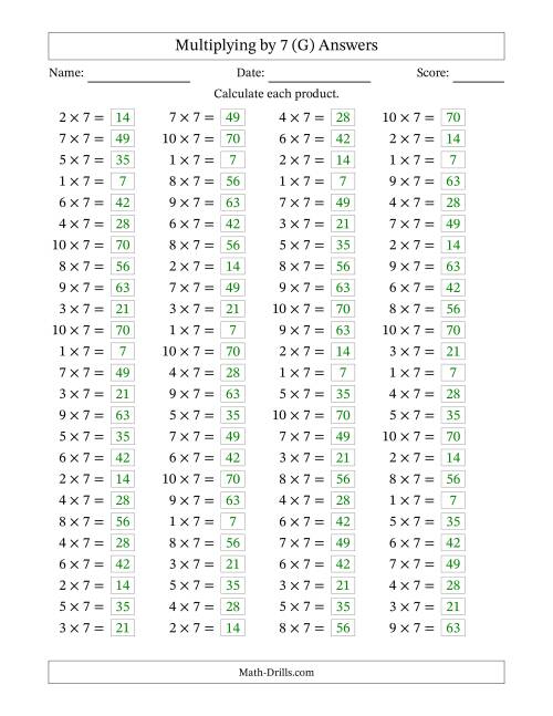 The Horizontally Arranged Multiplying (1 to 10) by 7 (100 Questions) (G) Math Worksheet Page 2
