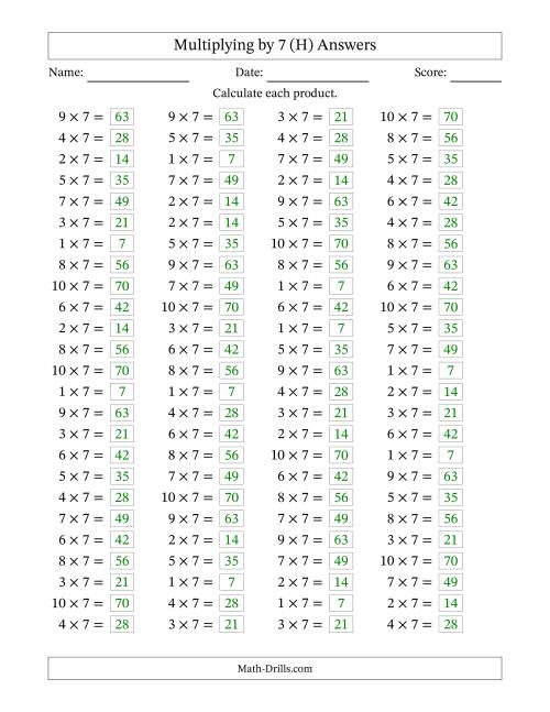 The Horizontally Arranged Multiplying (1 to 10) by 7 (100 Questions) (H) Math Worksheet Page 2