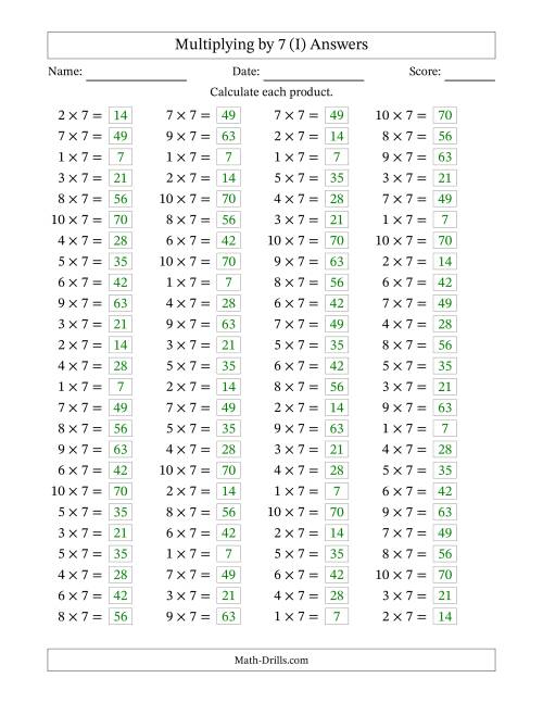 The Horizontally Arranged Multiplying (1 to 10) by 7 (100 Questions) (I) Math Worksheet Page 2