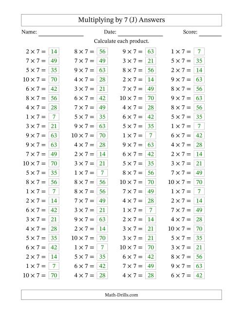 The Horizontally Arranged Multiplying (1 to 10) by 7 (100 Questions) (J) Math Worksheet Page 2