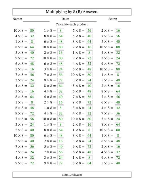 The Horizontally Arranged Multiplying (1 to 10) by 8 (100 Questions) (B) Math Worksheet Page 2