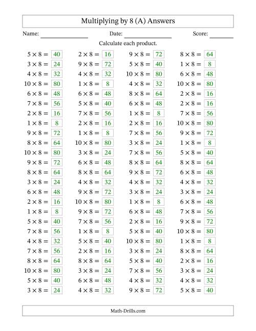 The Horizontally Arranged Multiplying (1 to 10) by 8 (100 Questions) (All) Math Worksheet Page 2