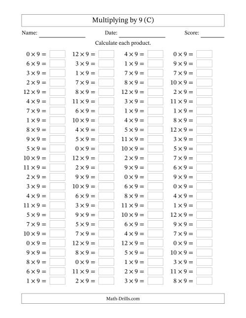 The Horizontally Arranged Multiplying (0 to 12) by 9 (100 Questions) (C) Math Worksheet