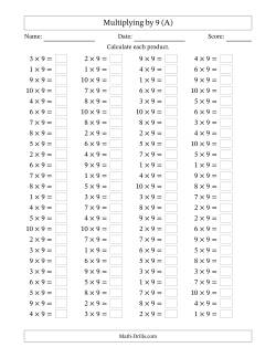 Horizontally Arranged Multiplying (1 to 10) by 9 (100 Questions)