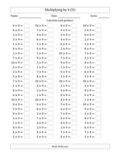 The Horizontally Arranged Multiplying (1 to 10) by 9 (100 Questions) (D) Math Worksheet