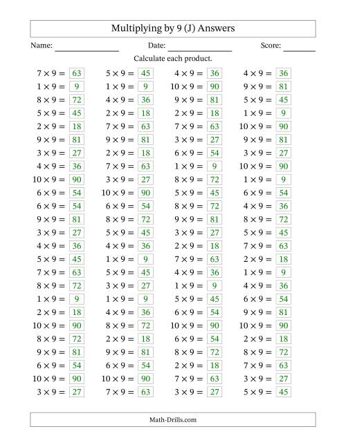 The Horizontally Arranged Multiplying (1 to 10) by 9 (100 Questions) (J) Math Worksheet Page 2