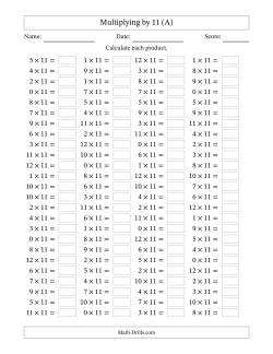 Horizontally Arranged Multiplying (0 to 12) by 11 (100 Questions)