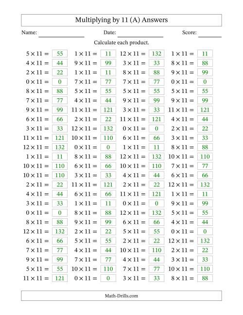 The Horizontally Arranged Multiplying (0 to 12) by 11 (100 Questions) (A) Math Worksheet Page 2