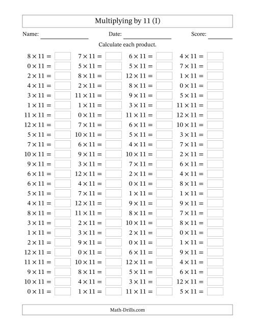 The Horizontally Arranged Multiplying (0 to 12) by 11 (100 Questions) (I) Math Worksheet