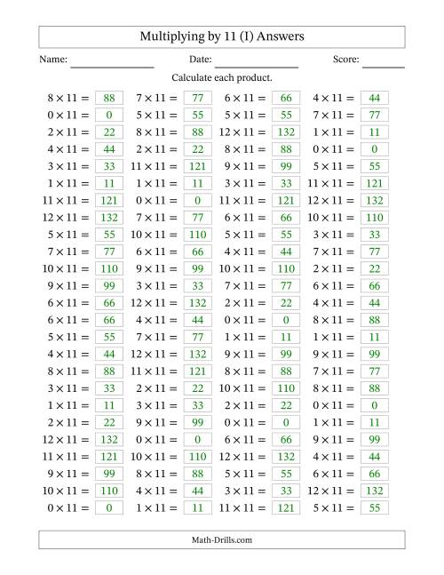 The Horizontally Arranged Multiplying (0 to 12) by 11 (100 Questions) (I) Math Worksheet Page 2