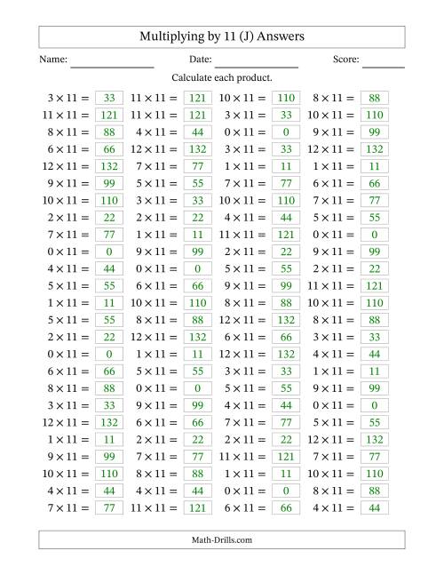 The Horizontally Arranged Multiplying (0 to 12) by 11 (100 Questions) (J) Math Worksheet Page 2