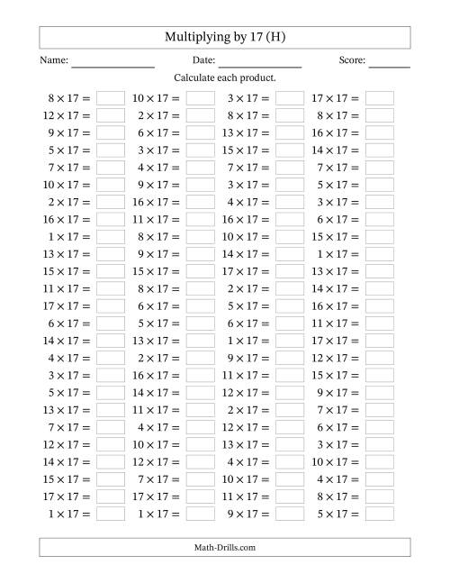 The Horizontally Arranged Multiplying (1 to 17) by 17 (100 Questions) (H) Math Worksheet