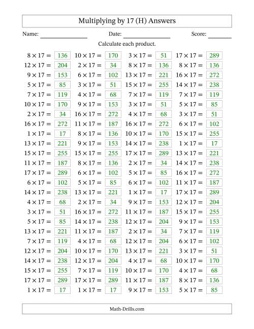 The Horizontally Arranged Multiplying (1 to 17) by 17 (100 Questions) (H) Math Worksheet Page 2