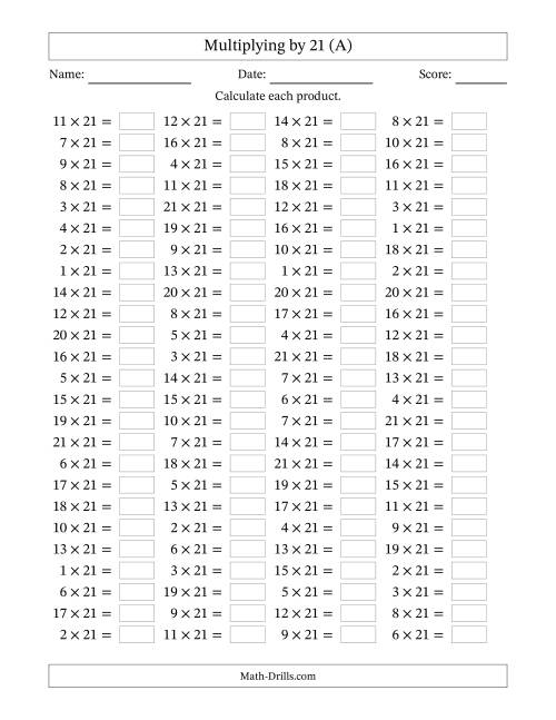 The Horizontally Arranged Multiplying (1 to 21) by 21 (100 Questions) (A) Math Worksheet