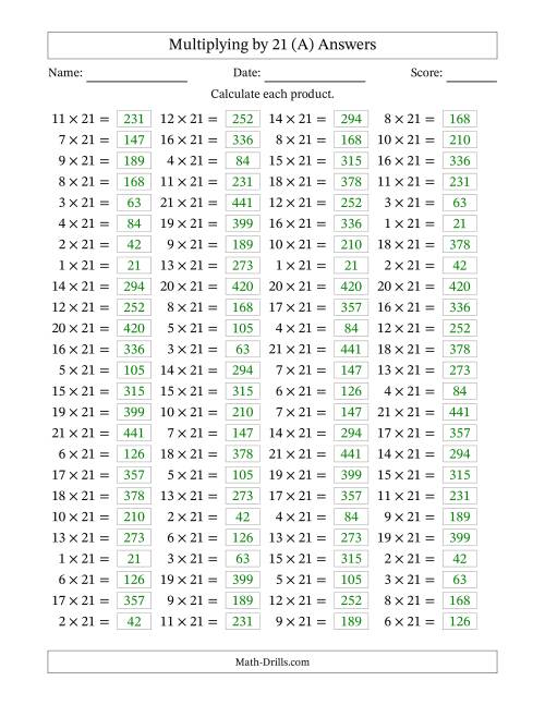 The Horizontally Arranged Multiplying (1 to 21) by 21 (100 Questions) (A) Math Worksheet Page 2