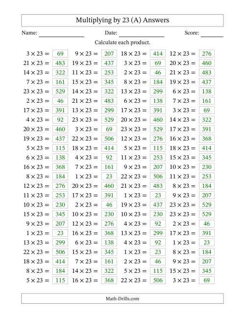 The Horizontally Arranged Multiplying (1 to 23) by 23 (100 Questions) (A) Math Worksheet Page 2