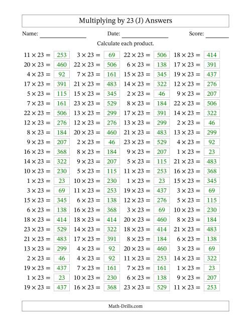 The Horizontally Arranged Multiplying (1 to 23) by 23 (100 Questions) (J) Math Worksheet Page 2