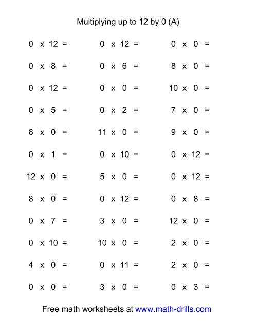 The 36 Horizontal Multiplication Facts Questions -- 0 by 0-12 (A) Math Worksheet