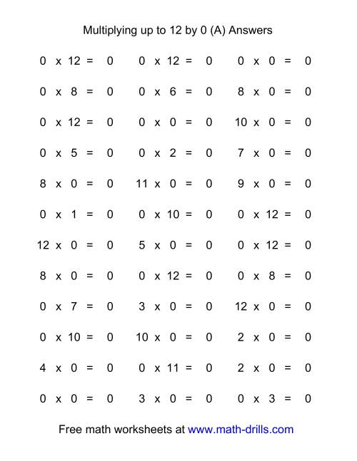 The 36 Horizontal Multiplication Facts Questions -- 0 by 0-12 (A) Math Worksheet Page 2