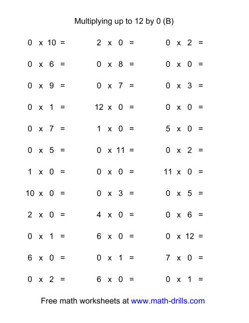 The 36 Horizontal Multiplication Facts Questions -- 0 by 0-12 (B) Math Worksheet