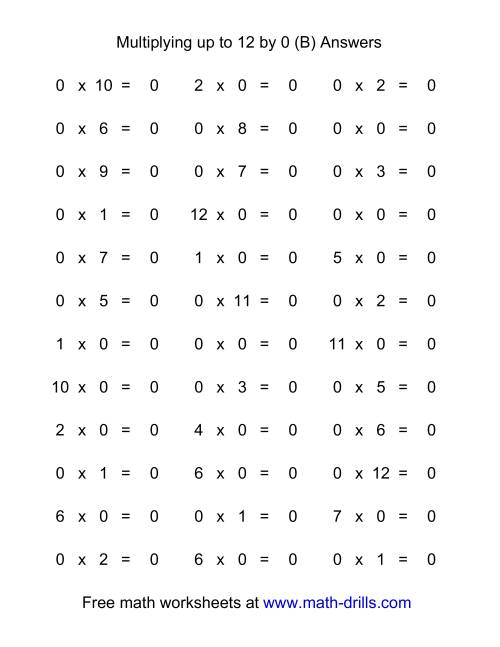 The 36 Horizontal Multiplication Facts Questions -- 0 by 0-12 (B) Math Worksheet Page 2