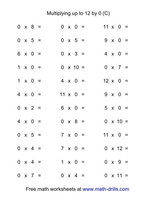 The 36 Horizontal Multiplication Facts Questions -- 0 by 0-12 (C) Math Worksheet
