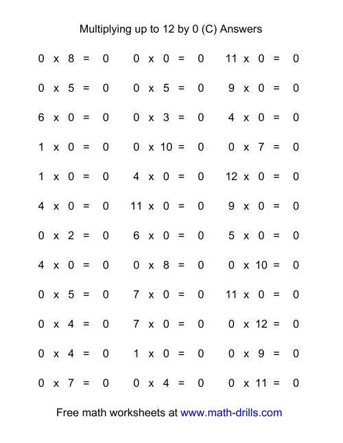 The 36 Horizontal Multiplication Facts Questions -- 0 by 0-12 (C) Math Worksheet Page 2