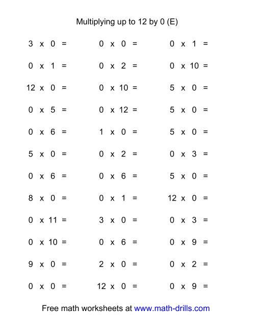 The 36 Horizontal Multiplication Facts Questions -- 0 by 0-12 (E) Math Worksheet